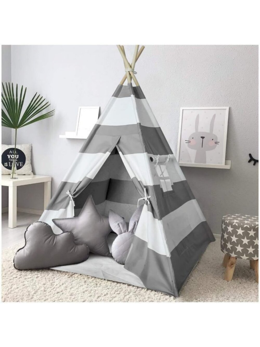 Cozy Kids Teepee Tent - Indoor/Outdoor Playhouse, Grey Stripe Canvas Tipi for